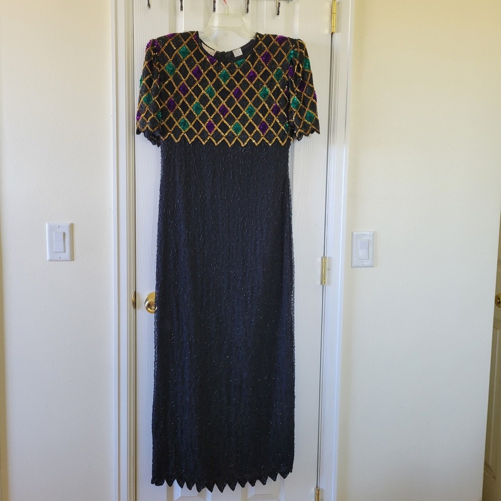Lawrence Kazar Evening Dress Size LP Beaded Sequined Black Silk Vintage AS IS
